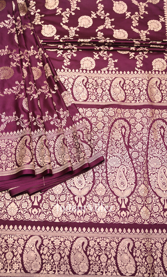Mulberry Purple Mashru Satin Silk Banarasi Saree With Jaal Pattern
