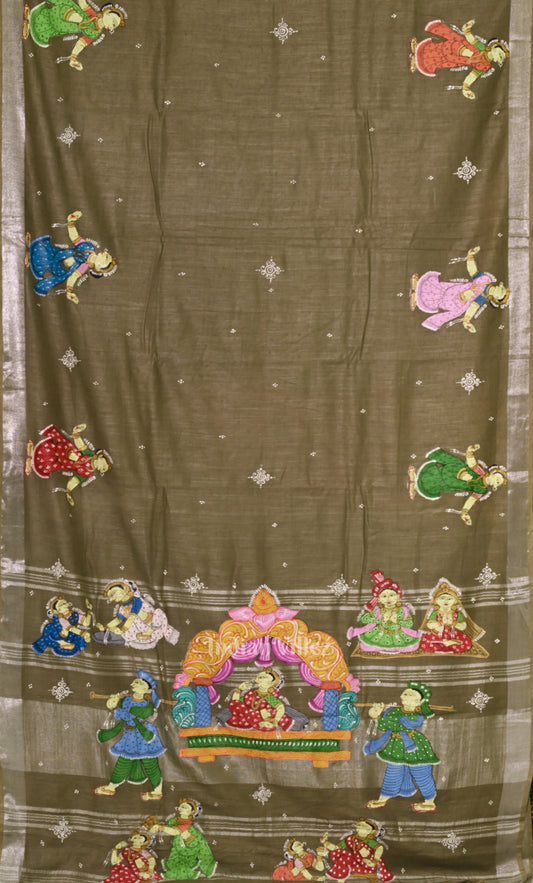 Grey Doli Barat Theme Hand-Painted Pattachitra Saree 