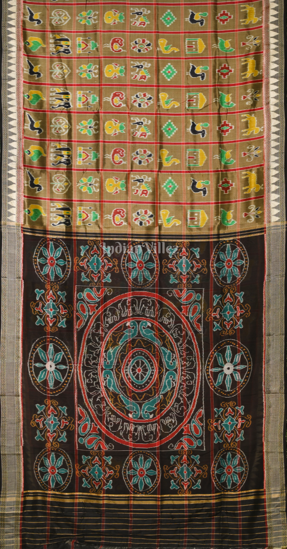 Moss Green Black Nabakothi Odisha Ikat Khandua Silk Saree 