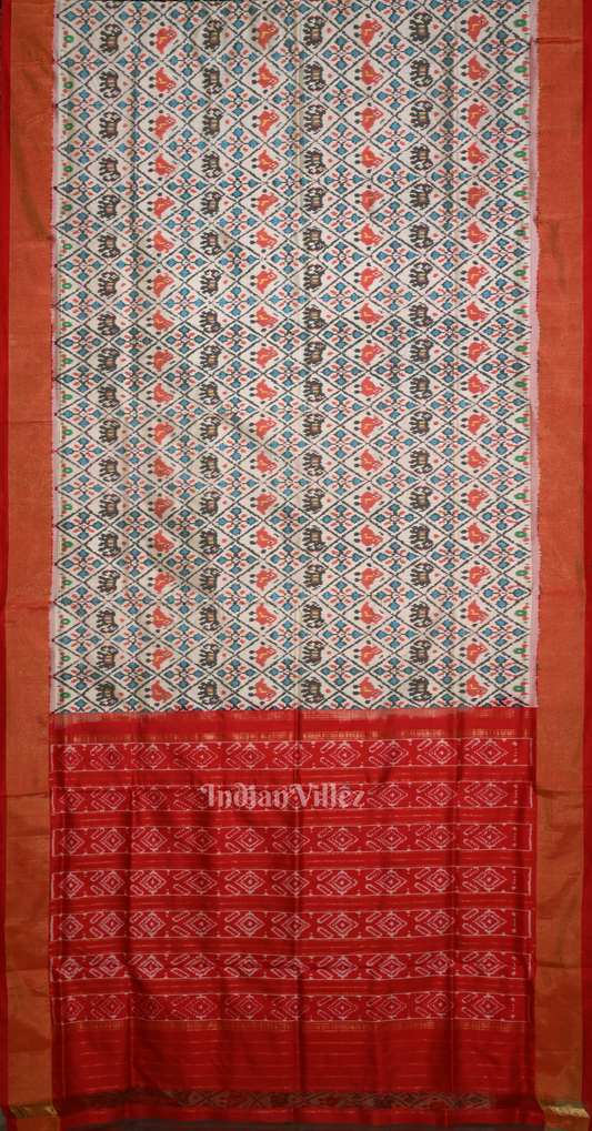 Off White Red Pochampally Ikat Silk Saree