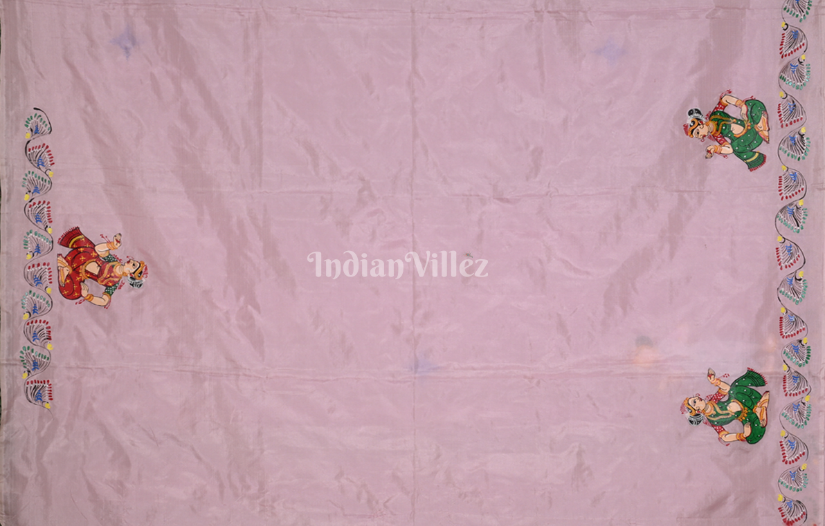 Baby Pink Radha Krishna Raas Leela Hand-Painted Pattachitra Saree