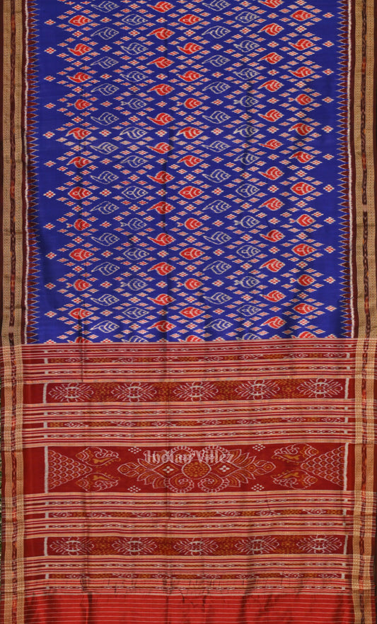 Blue Red Sankha Motif Odisha Ikat Khandua Silk Saree 