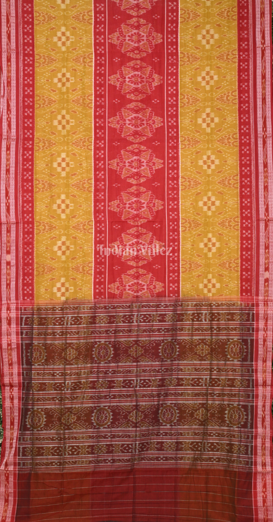 Mustard Yellow Red Body Pasapali Odisha Ikat Sambalpuri Pure Cotton Saree