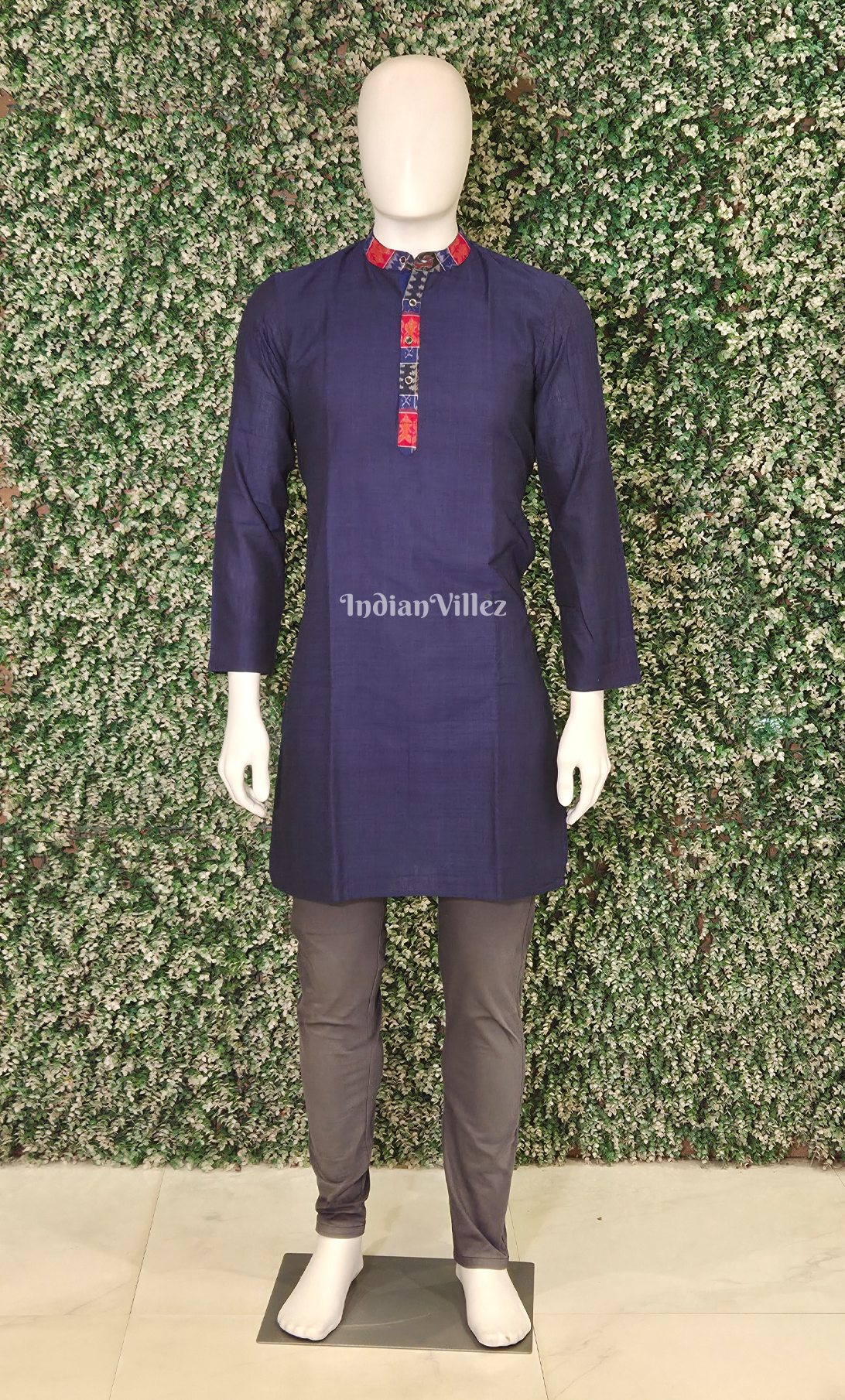 Blue Red Odisha Ikat Cotton Kurta for Men 