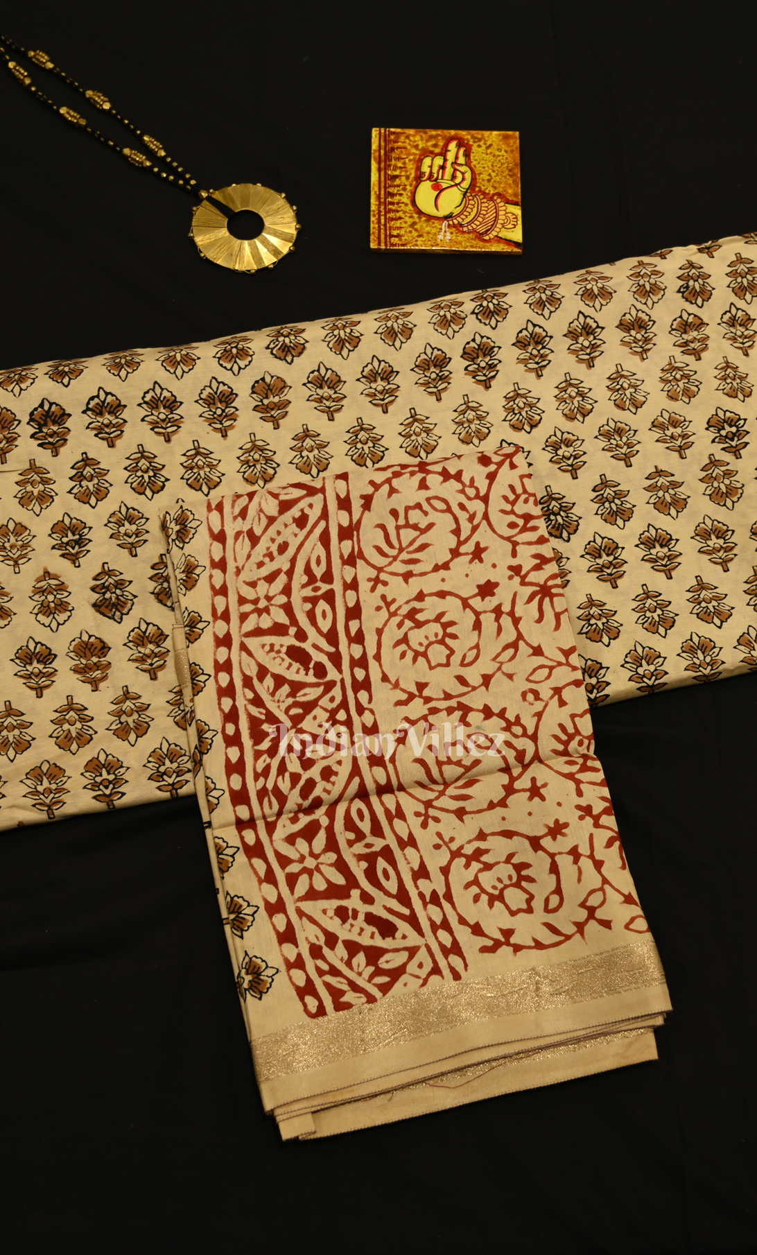 Beige Maroon Bagru Block Printed Cotton Suit Sets