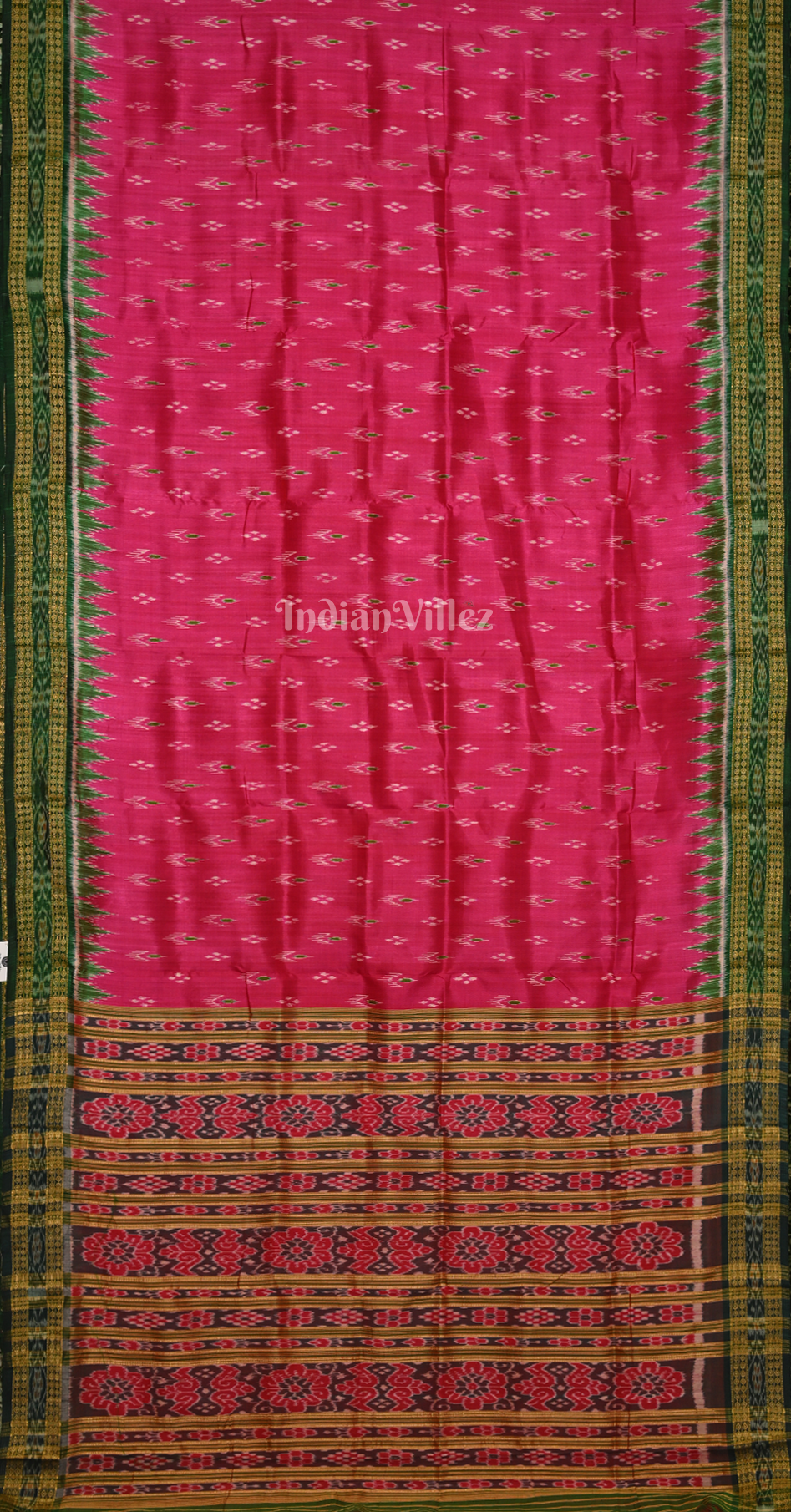 Rani Pink Green Mayur Chandrika Odisha Ikat Khandua Silk Saree 