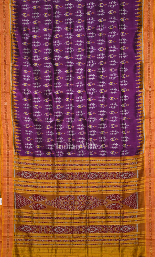 Purple Mustard Yellow Tribal Theme Odisha Ikat Khandua Silk Saree 