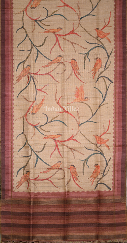 Sandal Maroon Bird Motif Tussar Silk Saree 