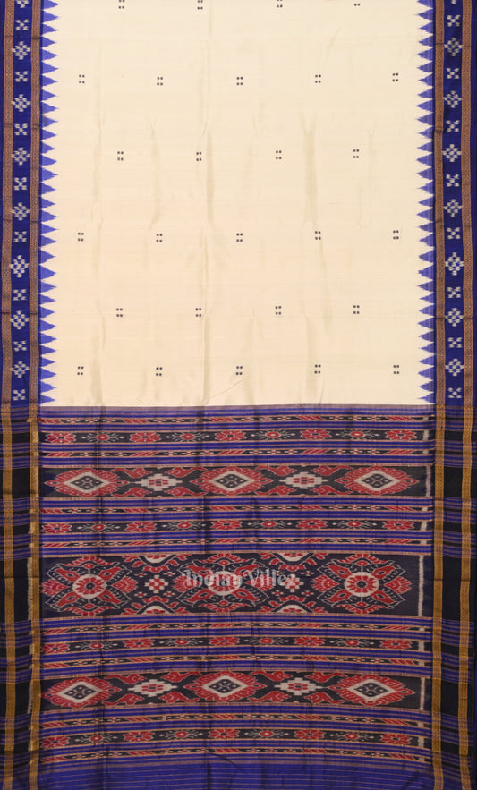 White Indigo Blue Border Pasapali Odisha Ikat Khandua Silk Saree