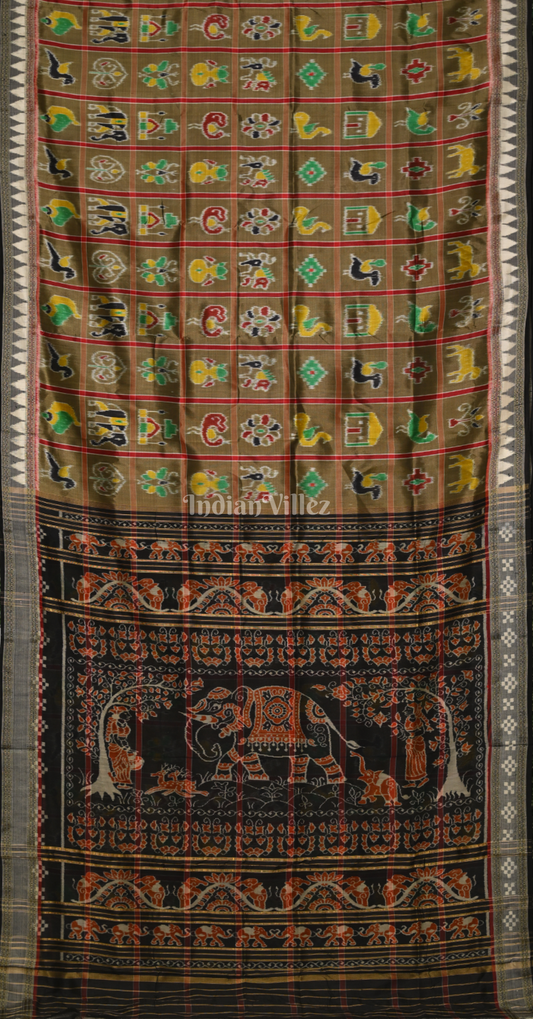 Moss Green Black Nabakothi Khandua Silk Saree with Elephant Motif Anchal