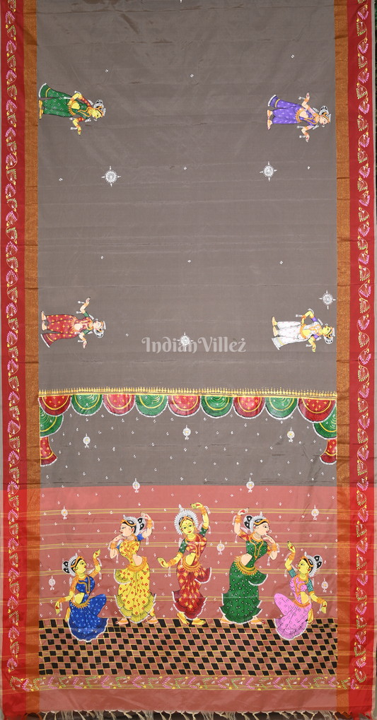 Grey Red Nartaki Theme  Hand-Painted Pattachitra Saree