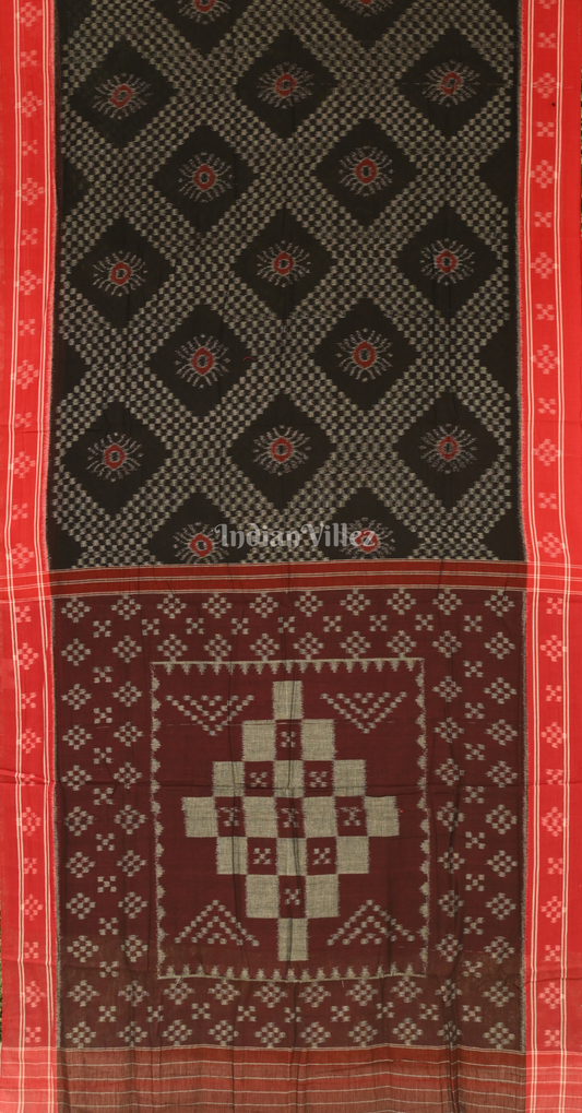 Black Maroon Tarabali Odisha Ikat Sambalpuri Cotton Saree 