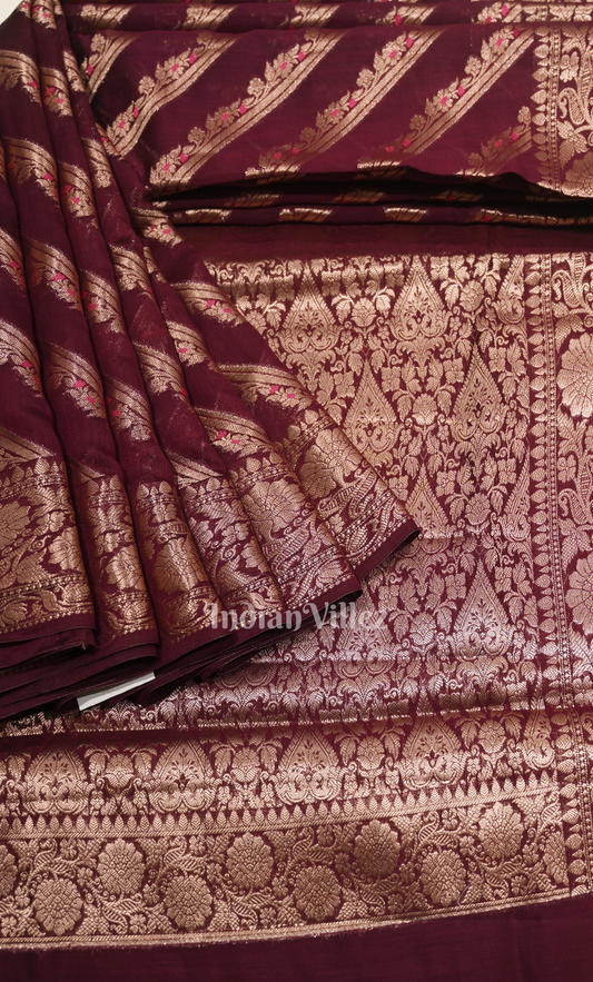 Deep Maroon Dupion Banarasi Silk Saree with Meenakari Weaving 