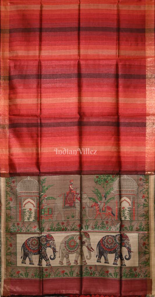 Red Golden Tussar Silk Saree 