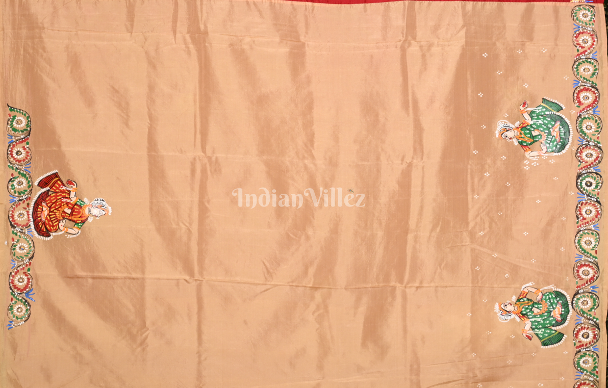 Red Beige (Mayur) & Nartaki Theme Hand-Painted Pattachitra Saree 