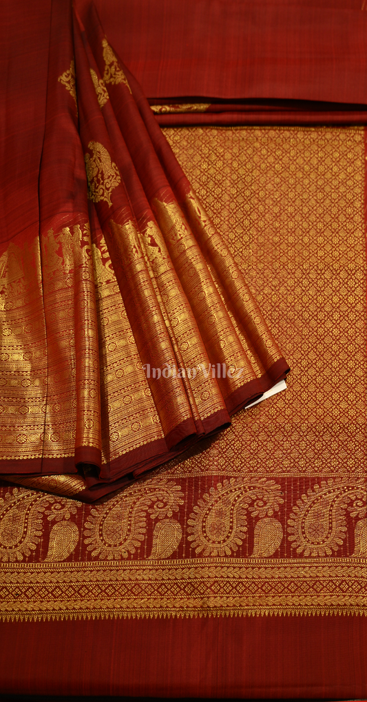 Exclusive Bridal Rust Maroon Palki Theme Brocade Pure Kanjivaram Silk Saree 