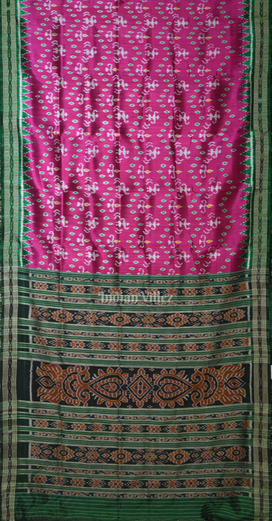 Magenta Pink Green Tribal Motif Odisha Ikat Khandua Silk Saree 