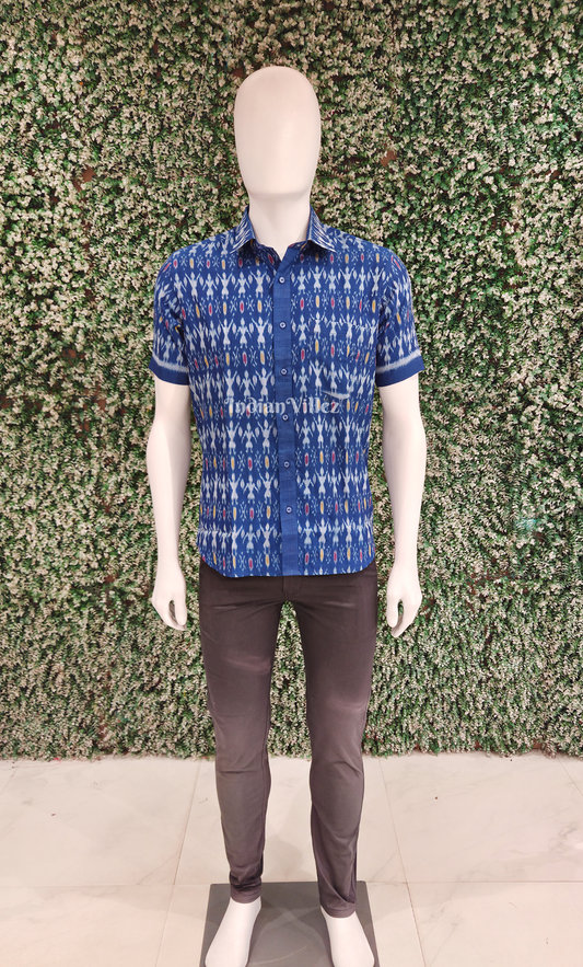 Blue Tribal Theme Odisha Ikat Cotton Half Sleeve Shirt for Men