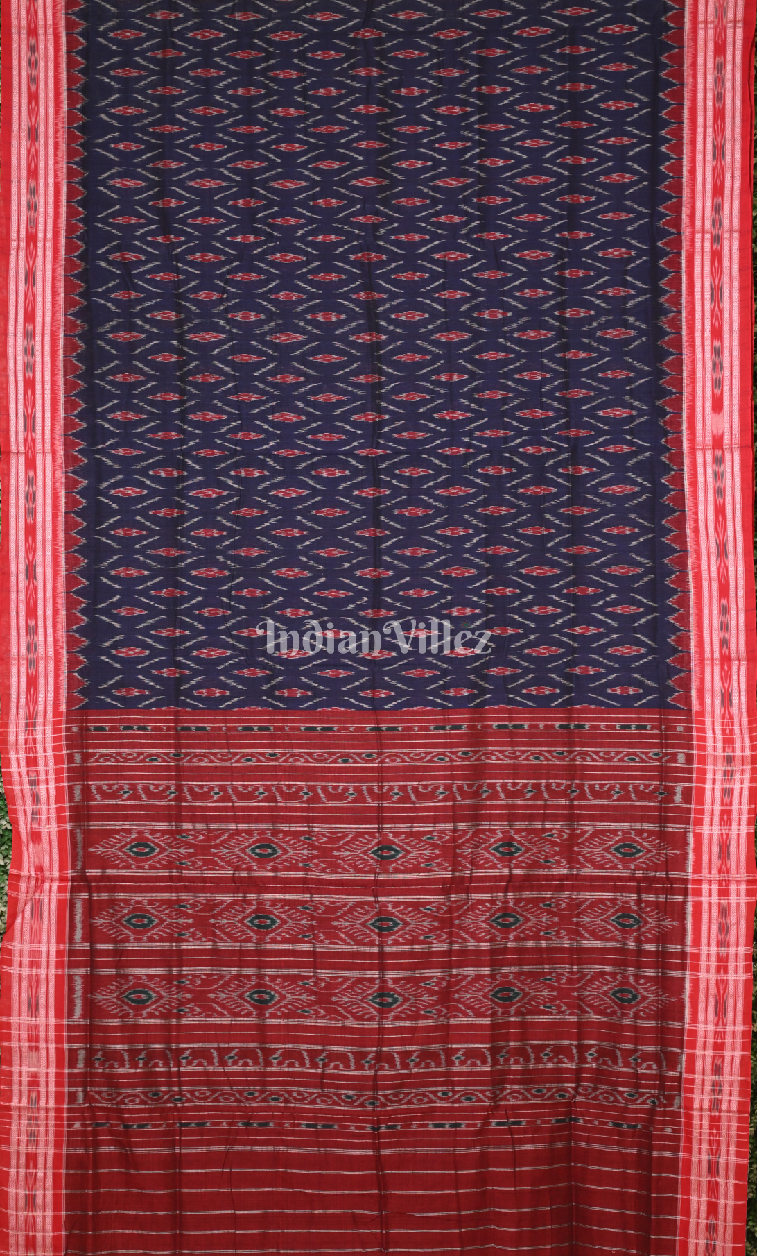 Navy Blue Red Damru Pasapali Odisha Ikat Maniabandha Cotton Saree