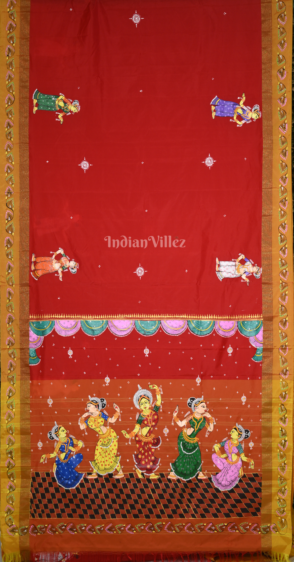 Red Nartaki Theme Hand-Painted Pattachitra Saree 