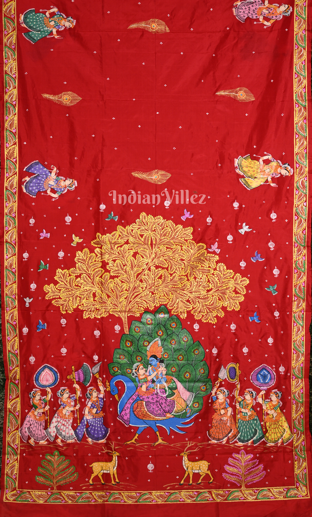 Red  Peacock (Mayur) & Nartaki Theme Hand-Painted Pattachitra Saree