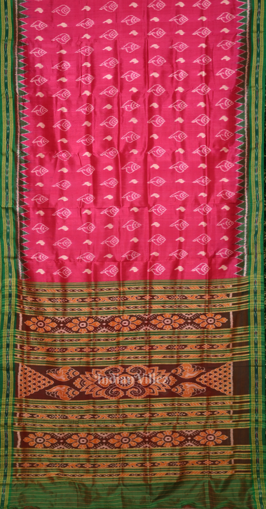 Rani Pink Green Sankha Motif Odisha Ikat Khandua Silk Saree 