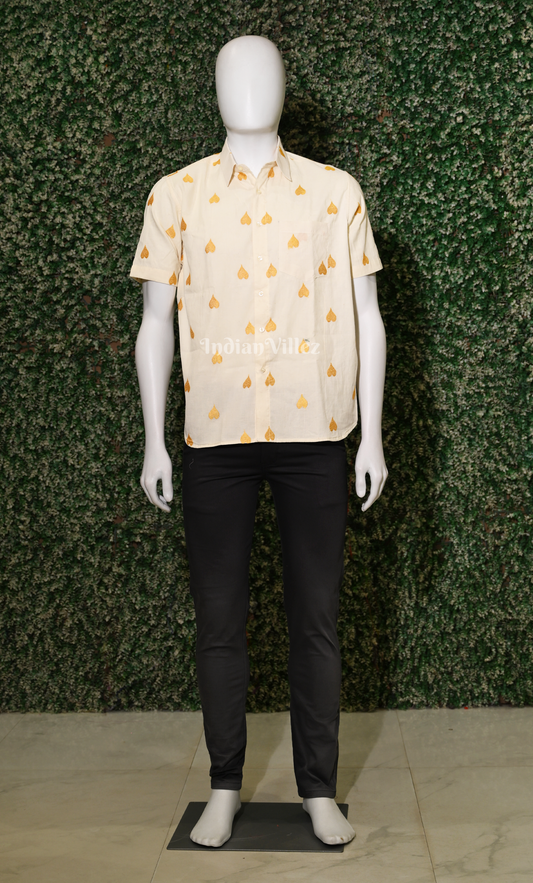 White Mustard Yellow Thread work leaf shaped motif Odisha Ikat Cotton Half Sleeve Shirt
