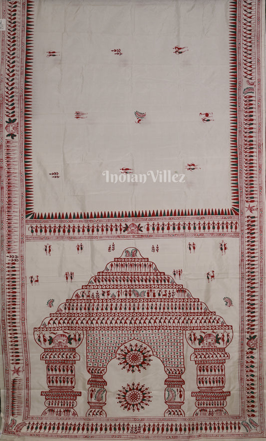 White Saura Tribal Art  Hand-Painted Pattachitra Silk Saree 