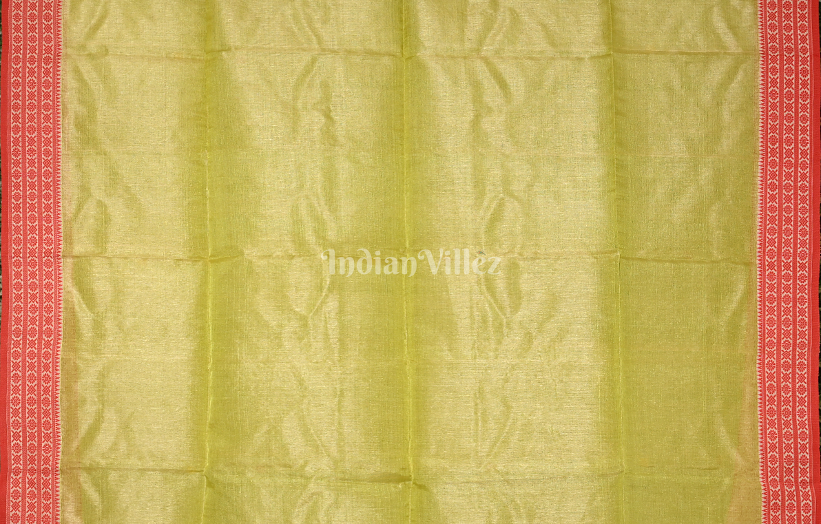Lime Green Red Buti Design Tussar Silk Jamdani Saree 