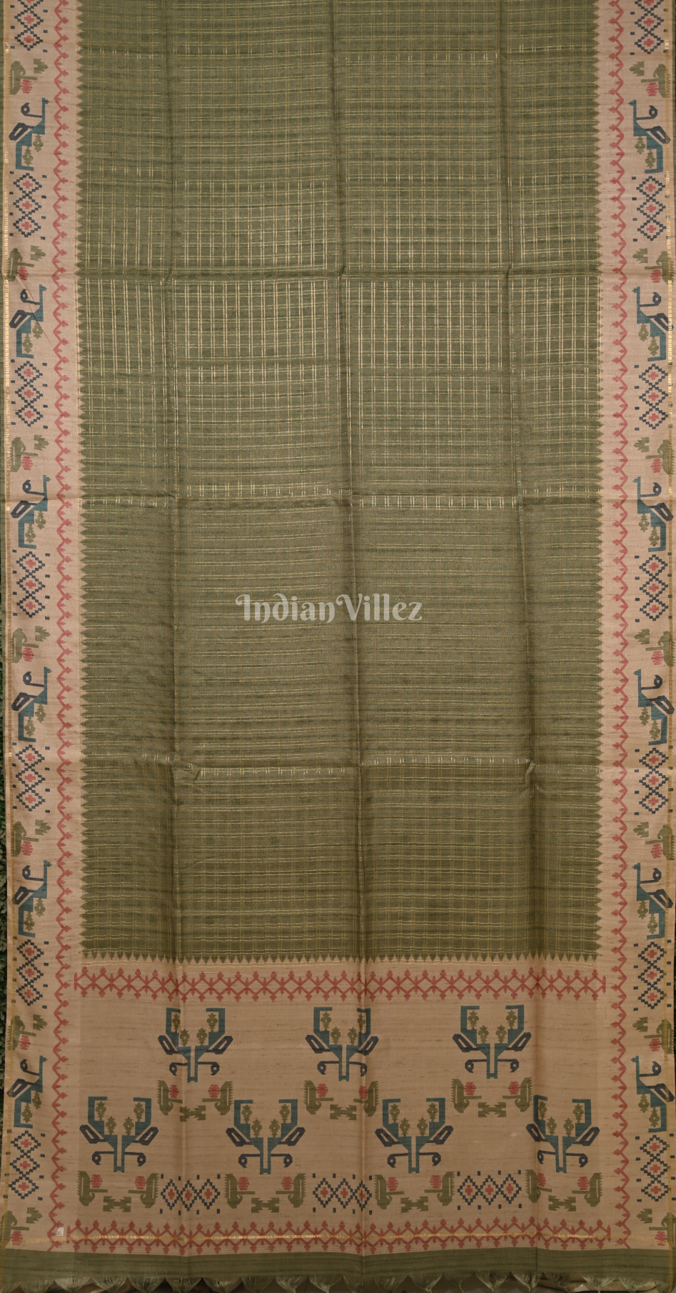Sage Green Beige Tusasr Silk Saree with Floral Embroidery Work 