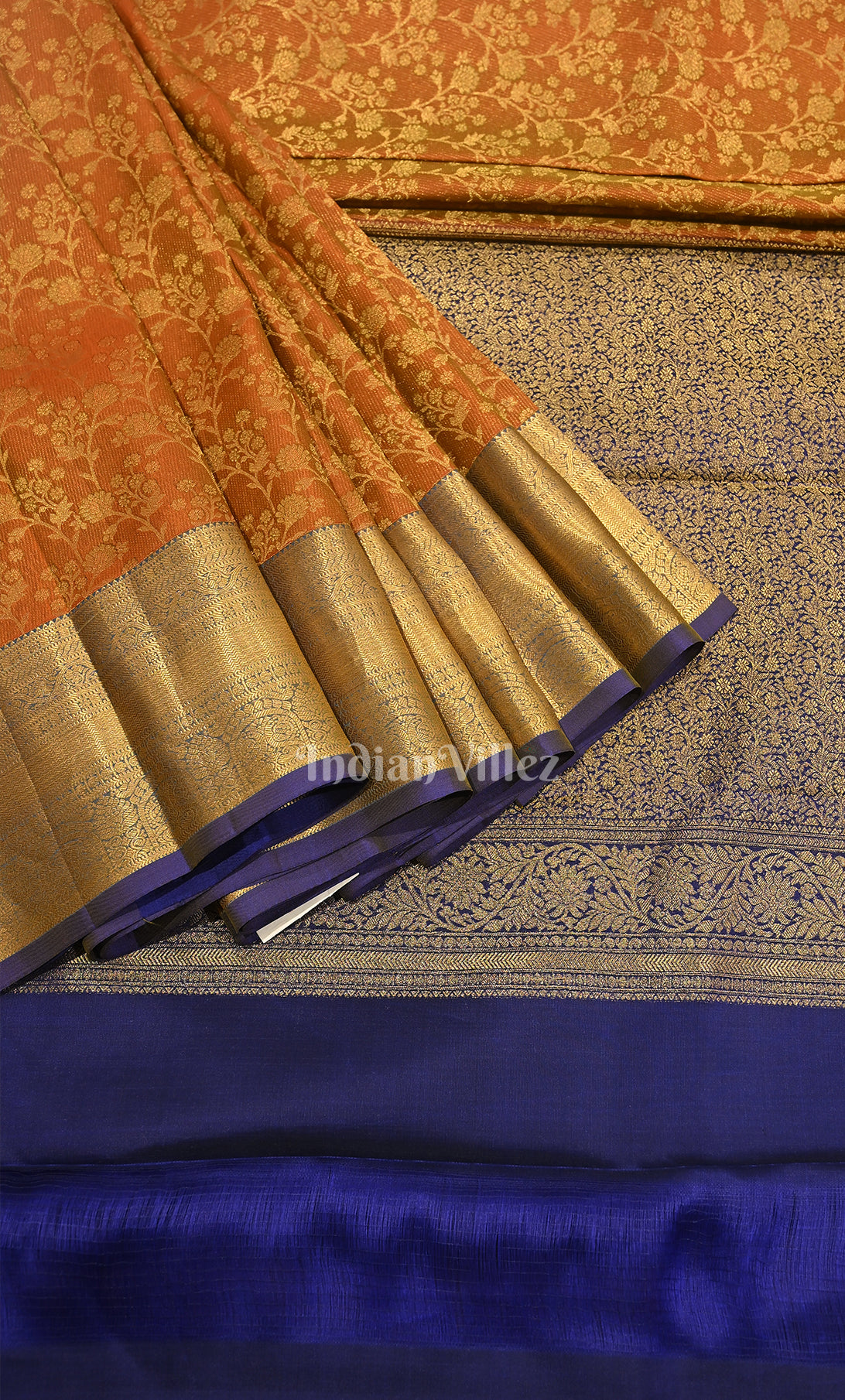 Mustard Yellow Blue Floral Brocade Pure Kanjivaram Silk Saree
