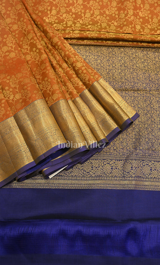 Mustard Yellow Blue Floral Brocade Pure Kanjivaram Silk Saree