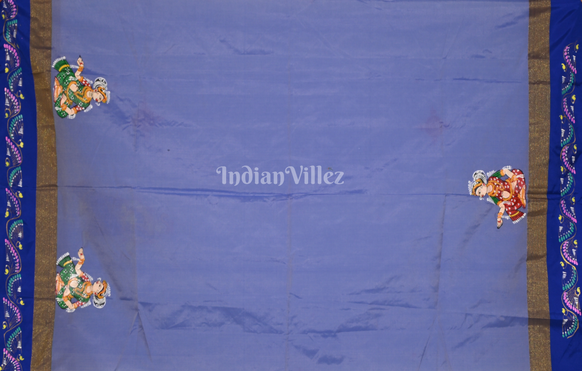 Cream Blue Raja Doli Theme Hand-Painted Pattachitra Saree 