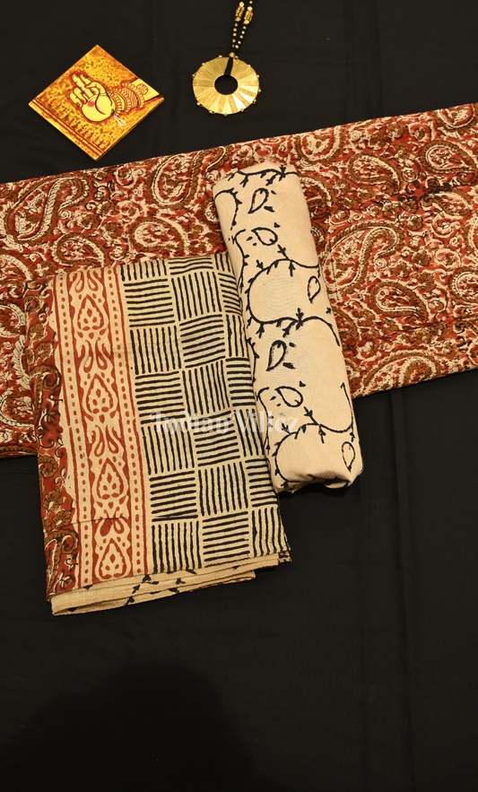 Maroon Off White Bagru Block Printed Chanderi Silk Suit Sets