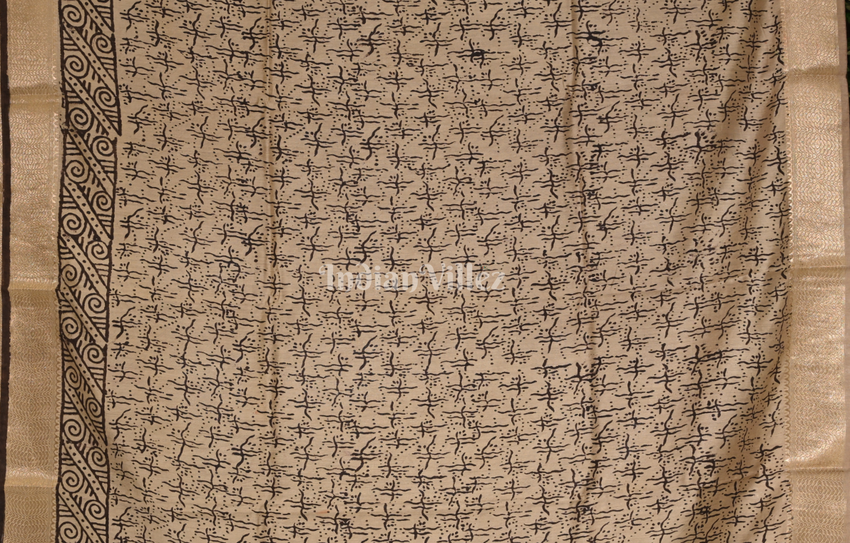 Beige with Multicolour Block Printed Bagru Cotton Saree 