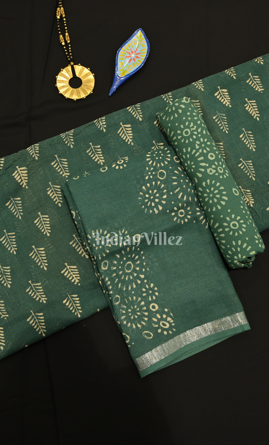 Teal Green Block Printed Cotton Suit Sets 