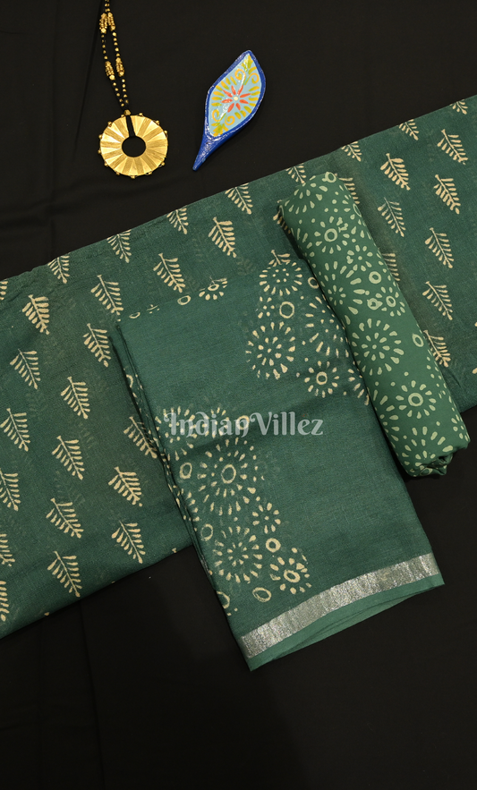 Teal Green Block Printed Cotton Suit Sets 