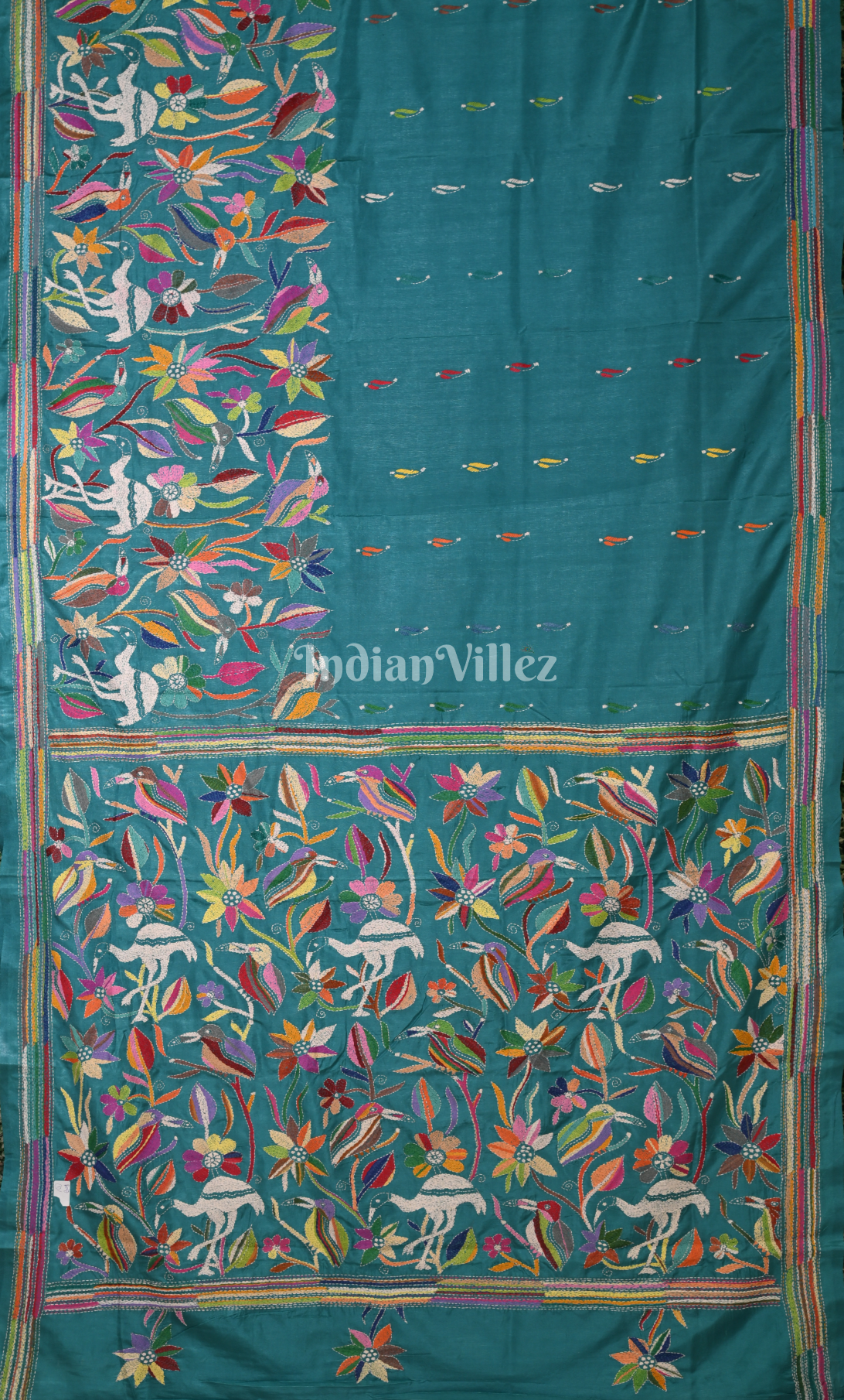 Teal Blue Bird Motif Handwoven Kantha Stitch Silk Saree 