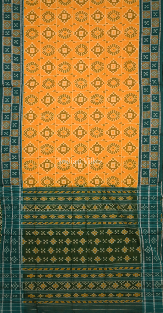 Yellow Green  Double Pasapali Border Odisha Ikat Sambalpuri Cotton Saree 