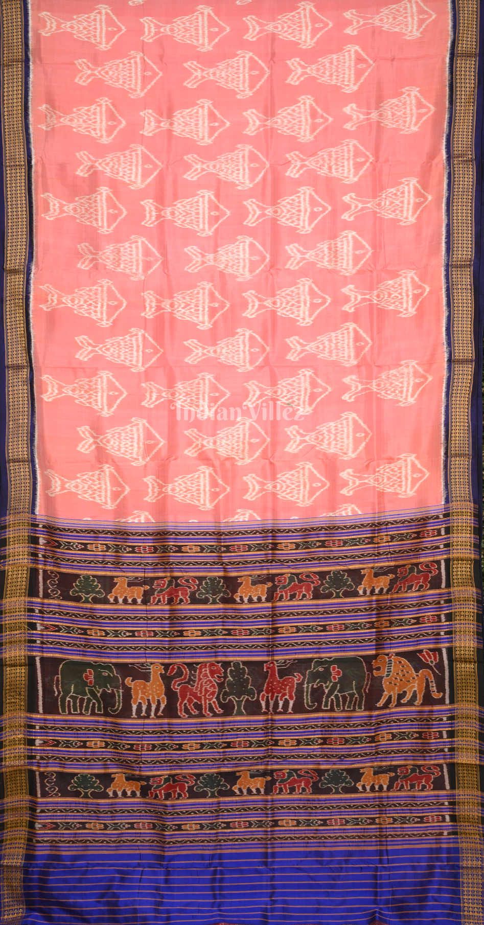Peach Pink Blue Fish Motif Odisha Ikat Khandua Silk Saree 