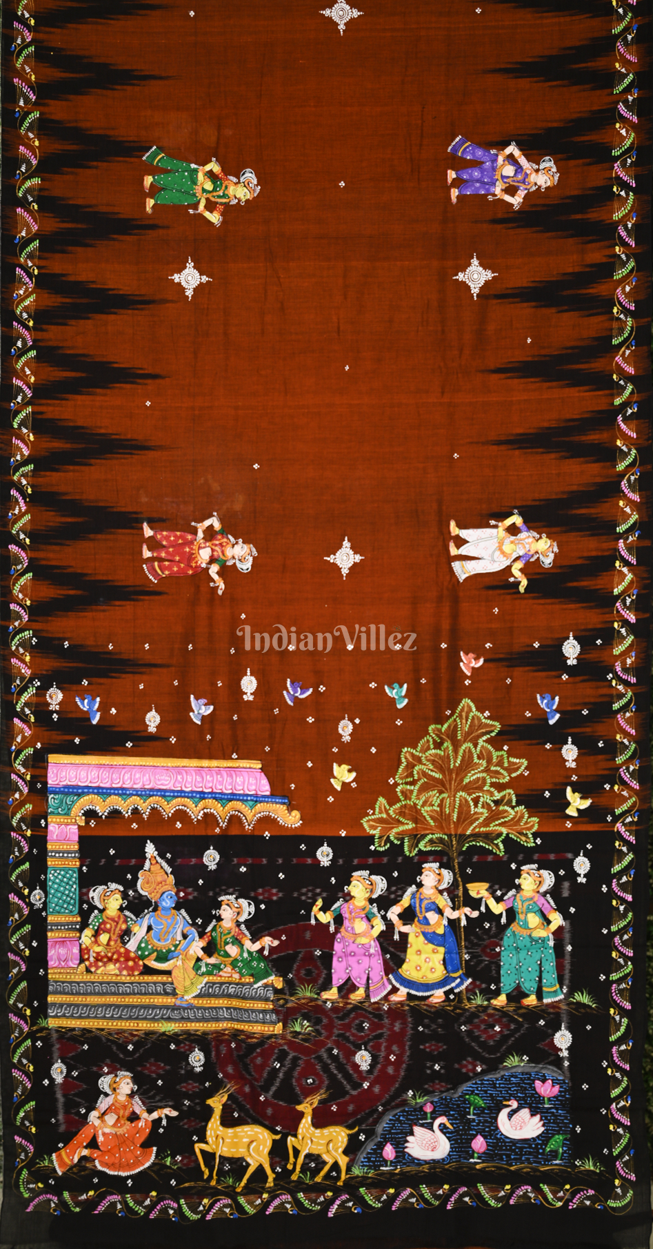 Brown Black Krishna Raas Leela Hand-Painted Pattachitra Saree 
