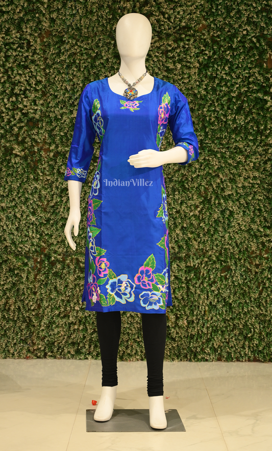 Blue Floral Theme Hand-Painted Pattachitra Kurti 