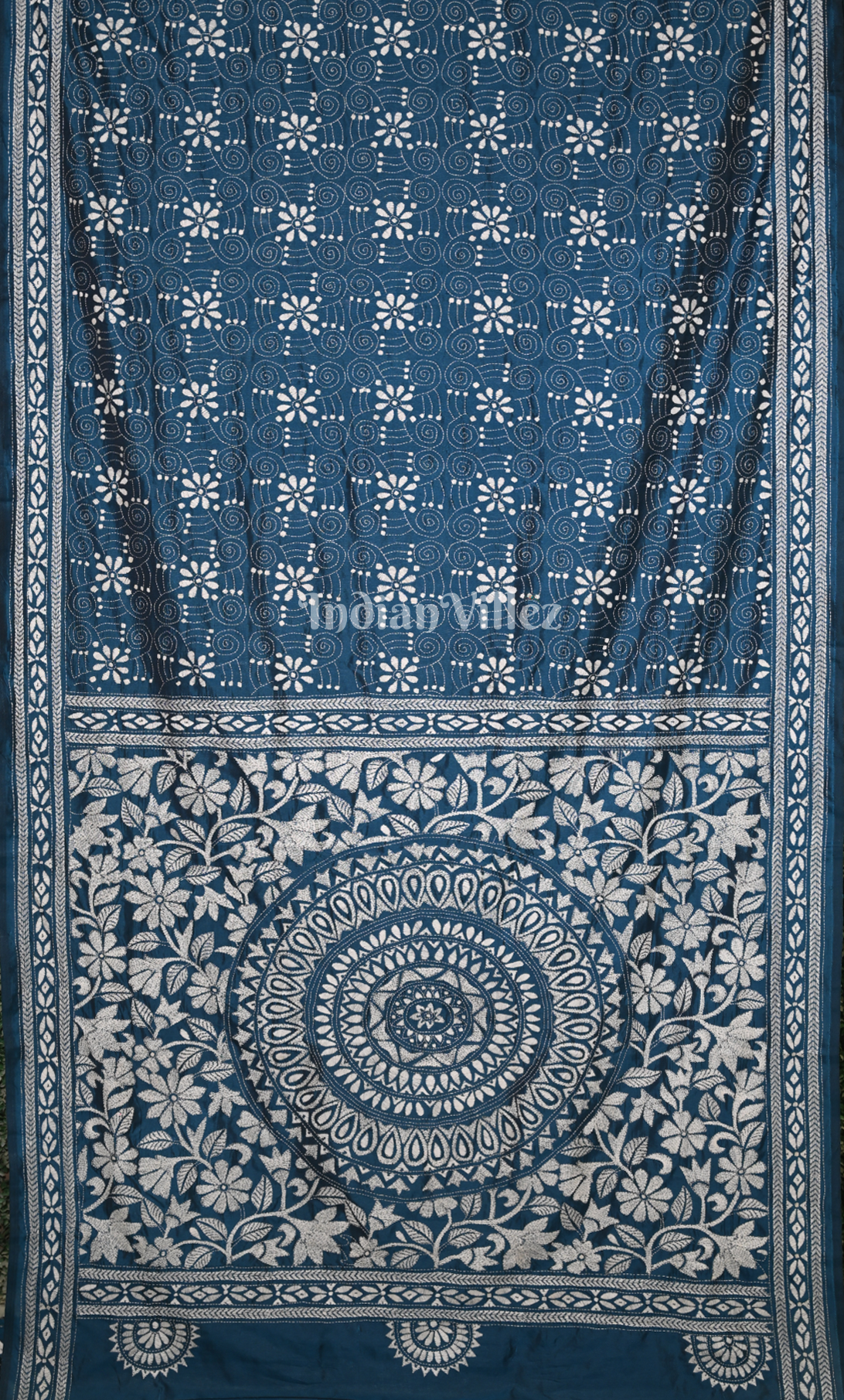 Indigo Blue Handwoven Kantha Stitch Silk Saree 