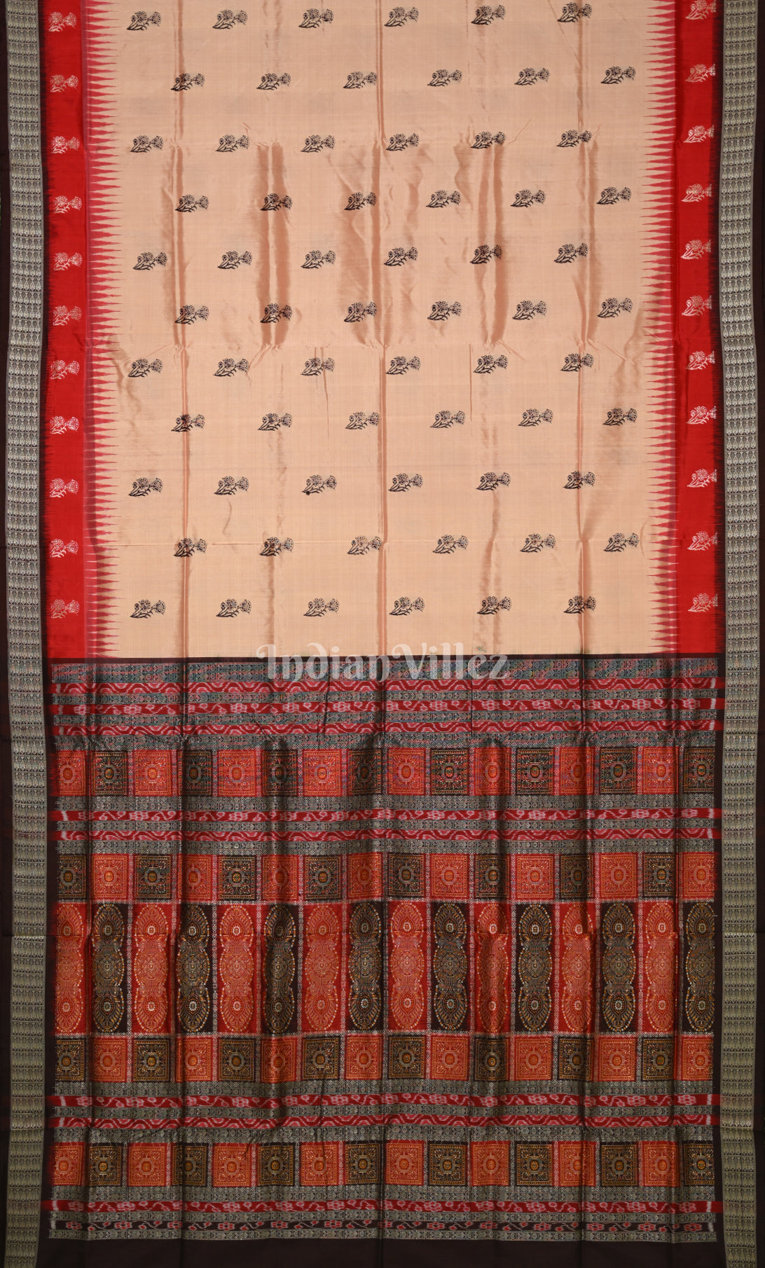 Beige Red Odisha Ikat Bomkai Sambalpuri Silk Saree 
