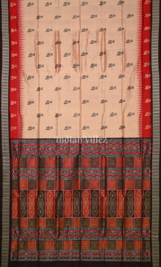 Beige Red Odisha Ikat Bomkai Sambalpuri Silk Saree 