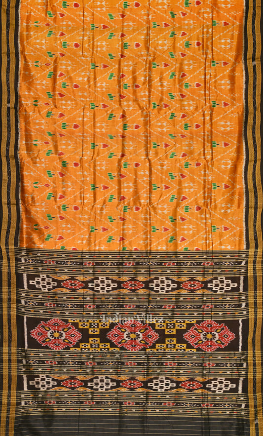 Mustard Yellow Black Tribal Theme Odisha Ikat Khandua Silk Saree