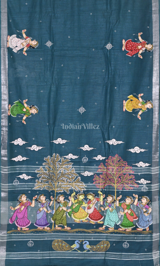 Peacock Blue Raja Doli Theme Hand-Painted Pattachitra Saree