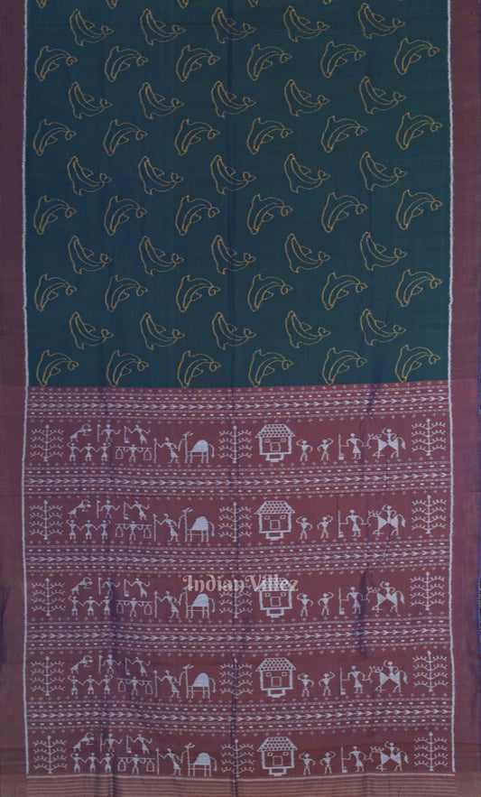 Blue Maroon Dolphin Theme Odisha Ikat Sambalpuri Cotton Saree
