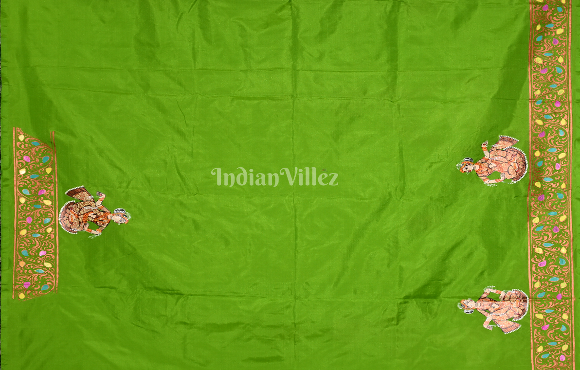Parrot Green Doli Barat Hand-Painted Pattachitra Saree 