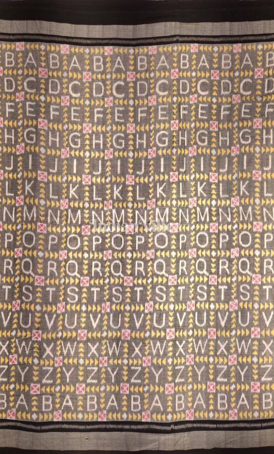 Grey Black Alphabet Theme Odisha Ikat Sambalpuri Cotton Fabric 